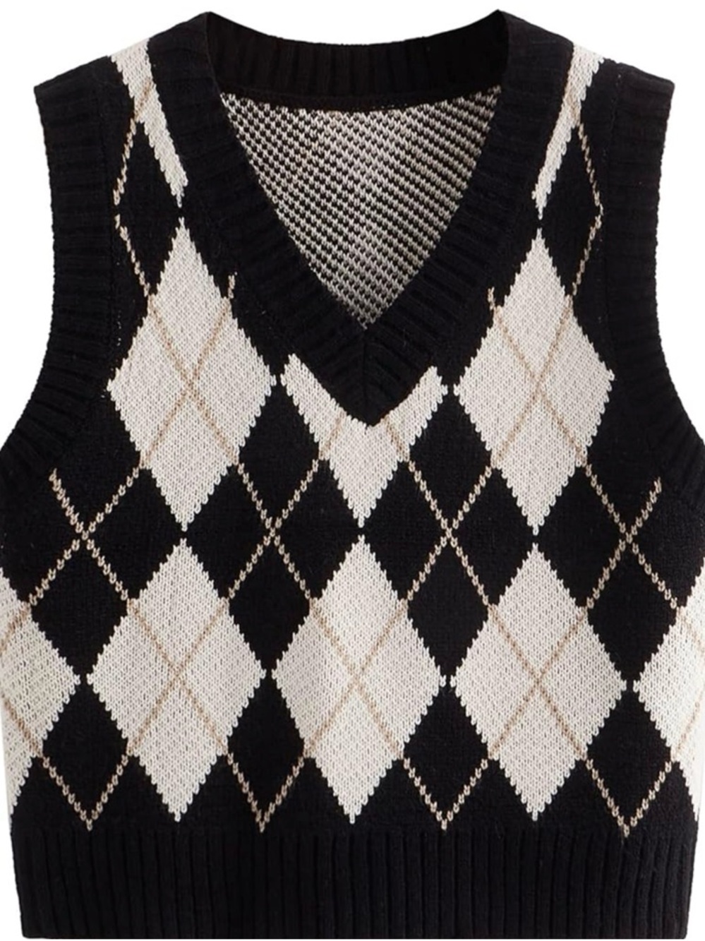 Argyle Knit V-Neck Sweater Vest in Black and Cream Crop